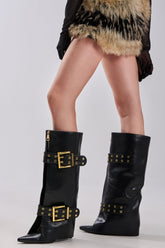 AZALEA WANG ROOVER BLACK HARDWARE EMBELLISHED STILETTO BOOT
