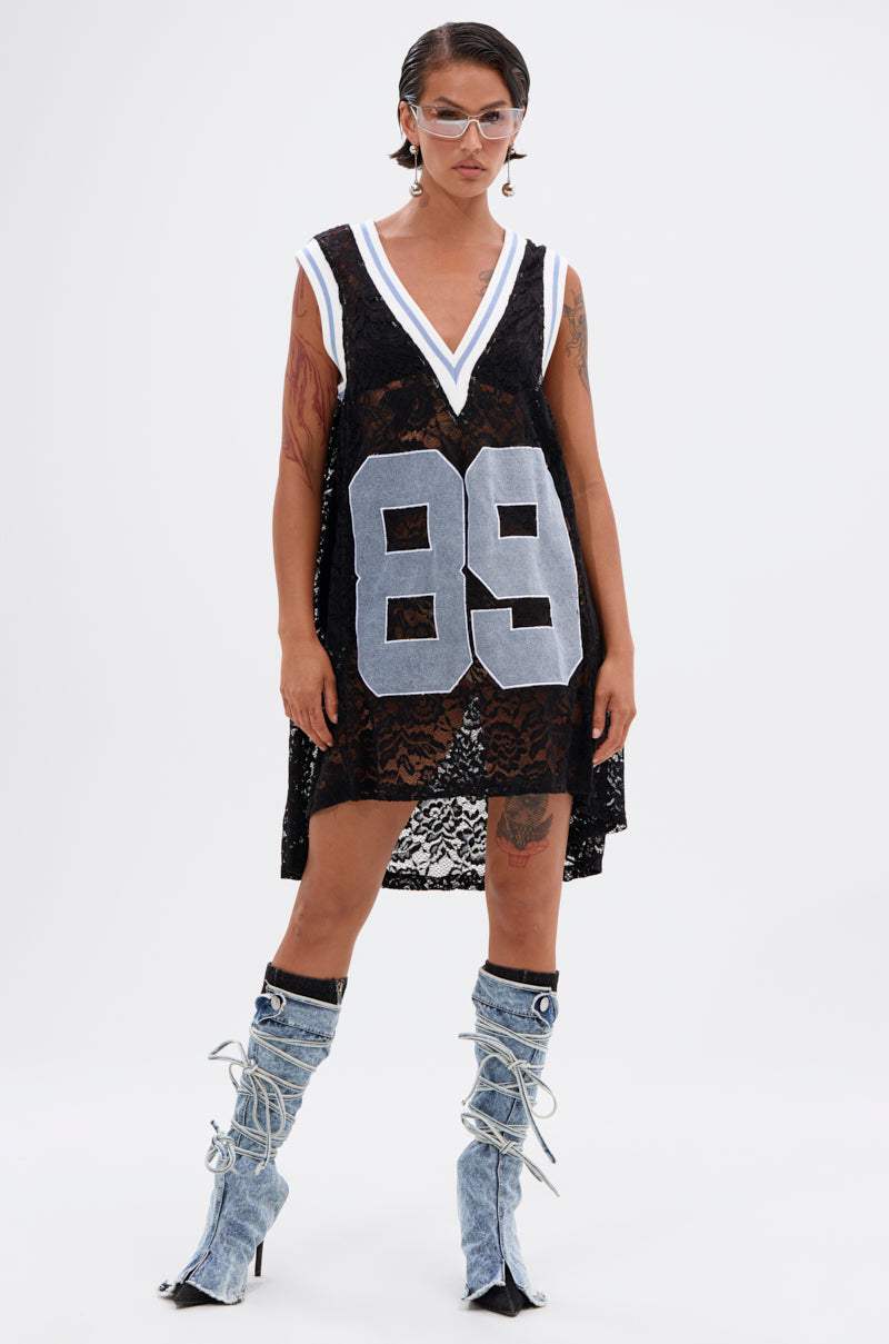 ON THE SIDELINES LACE JERSEY MINI DRESS WITH DENIM