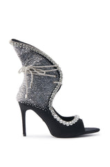 AZALEA WANG MICAELA BLACK SILVER RHINESTONE OPEN TOE LACE UP STILETTO BOOTIE