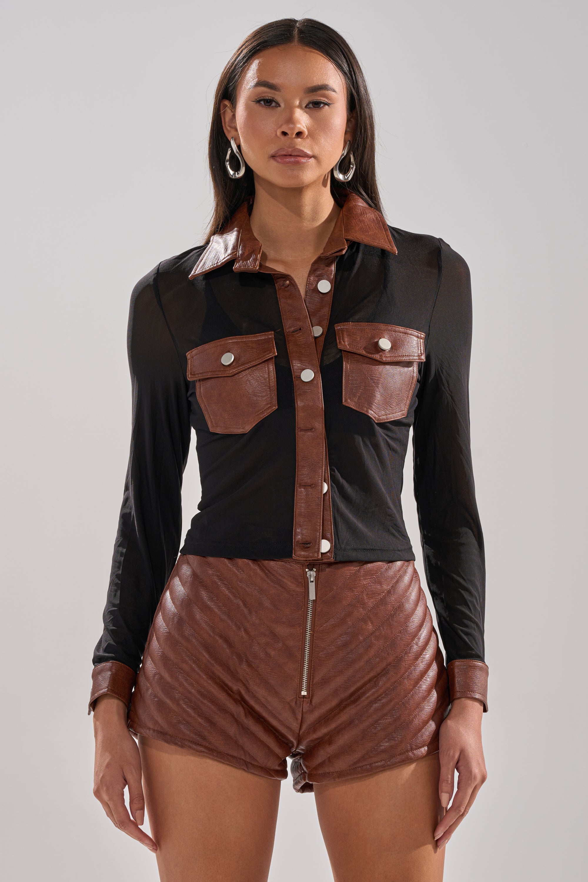 GALAXY MESH BUTTON DOWN WITH FAUX LEATHER TRIM