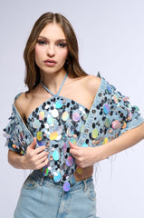 A GIRL NAMED LUCKY EMBELLISHED HALTER NECK TOP