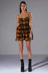 IGGY RHINESTONE DETAIL CORSET PLAID MINI DRESS