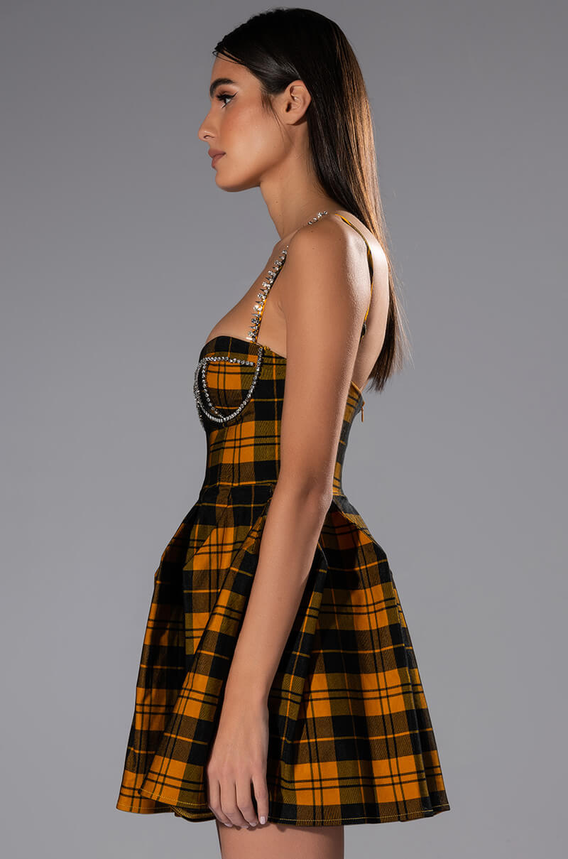 IGGY RHINESTONE DETAIL CORSET PLAID MINI DRESS