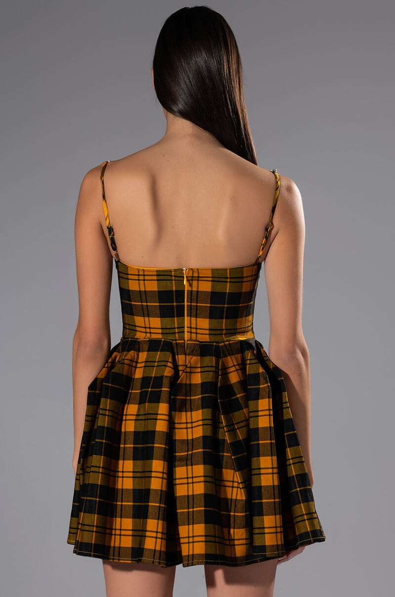 IGGY RHINESTONE DETAIL CORSET PLAID MINI DRESS