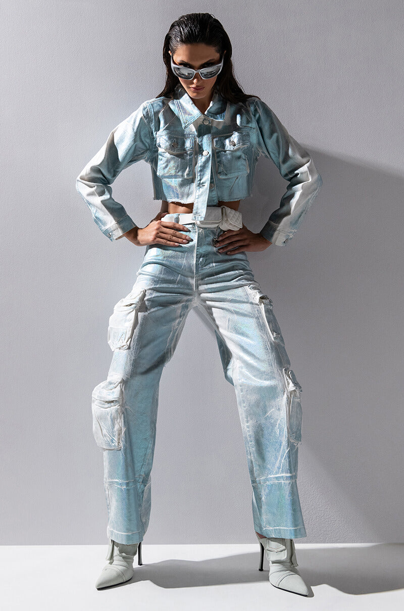 AUBREY BRUSHED METALLIC WIDE LEG CARGO JEANS