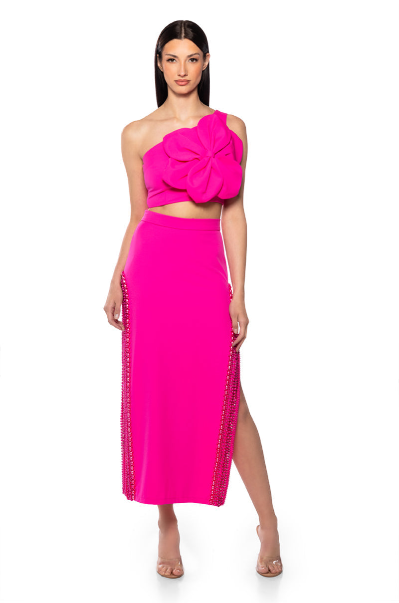 AZALEA ASYMMETRIC APPLIQUE CROP TOP IN PINK