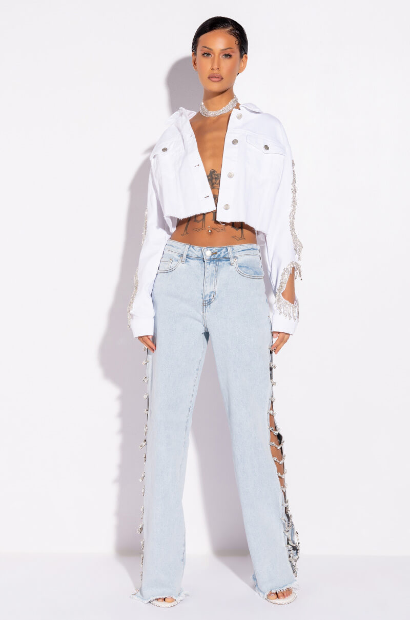 AZALEA WANG CUT OUT ARM RHINESTONE DENIM JACKET