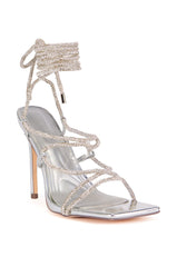 AZALEA WANG JASMIT SILVER ROPE LACE UP STILETTO SANDAL IN SILVER