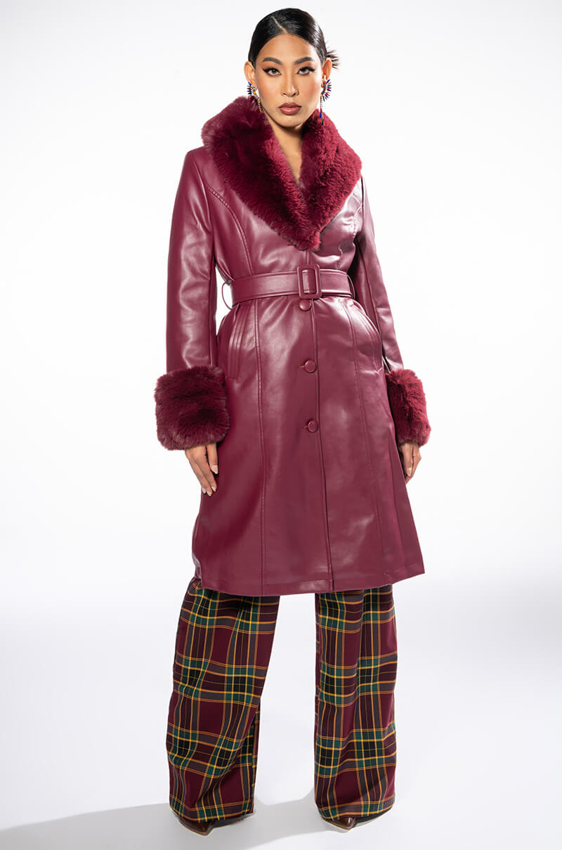 AZALEA WANG MARBOLO PU TRENCH WITH FAUX FUR TRIM