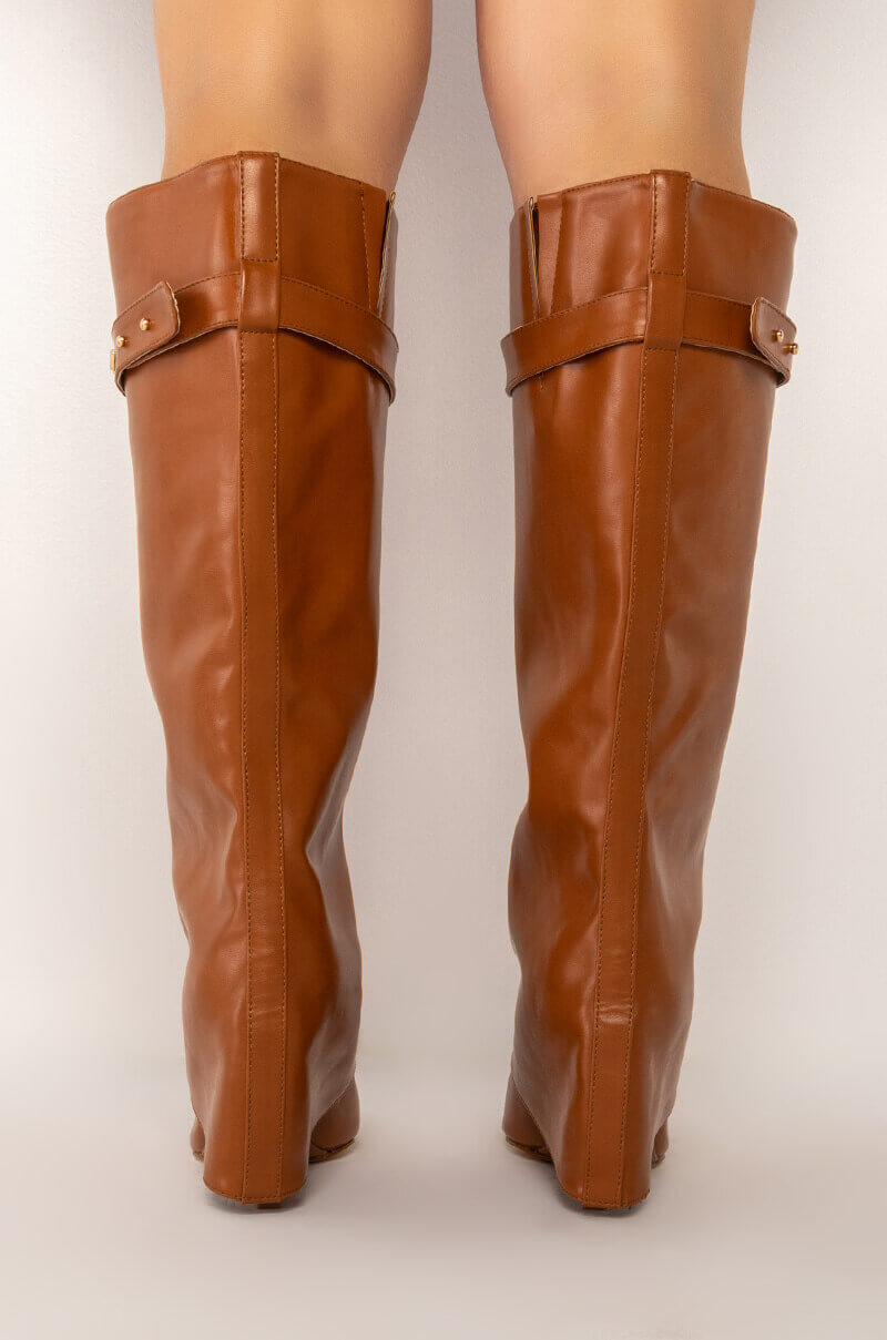 AZALEA WANG MELINA FOLD OVER WEDGE BOOT IN TAN