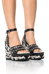 AZALEA WANG NUTMEG EMBELLISHED WEDGE HEEL SANDAL IN BLACK