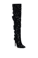AZALEA WANG PATTI SATIN ROSE EMBELLISHED BOOT IN BLACK