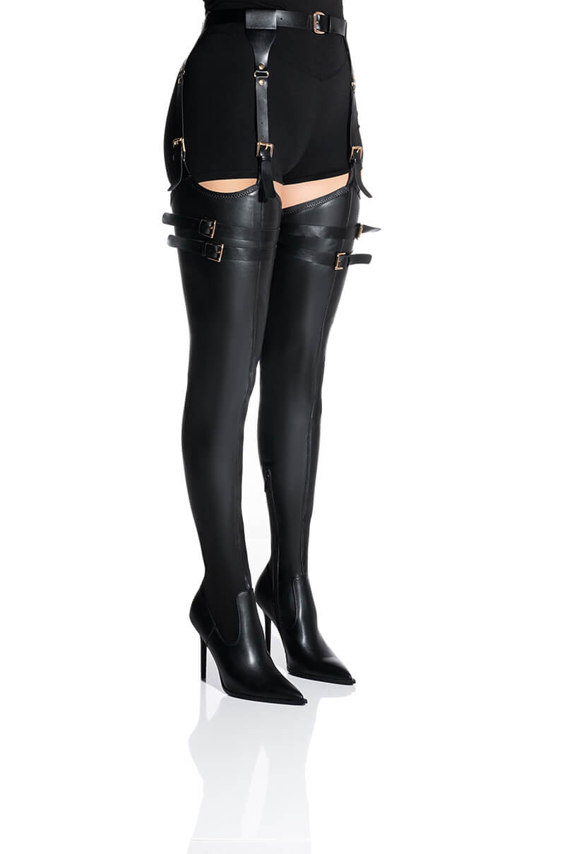 AZALEA WANG SEXY BELTED STRETCH PU STILETTO BOOT IN BLACK
