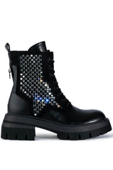 AZALEA WANG PHOEBE FLATFORM BLING COMBAT BOOT IN BLACK