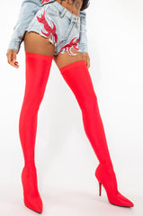 AZALEA WANG LOVE STRUCK THIGH HIGH STILETTO BOOT IN RED STRETCH