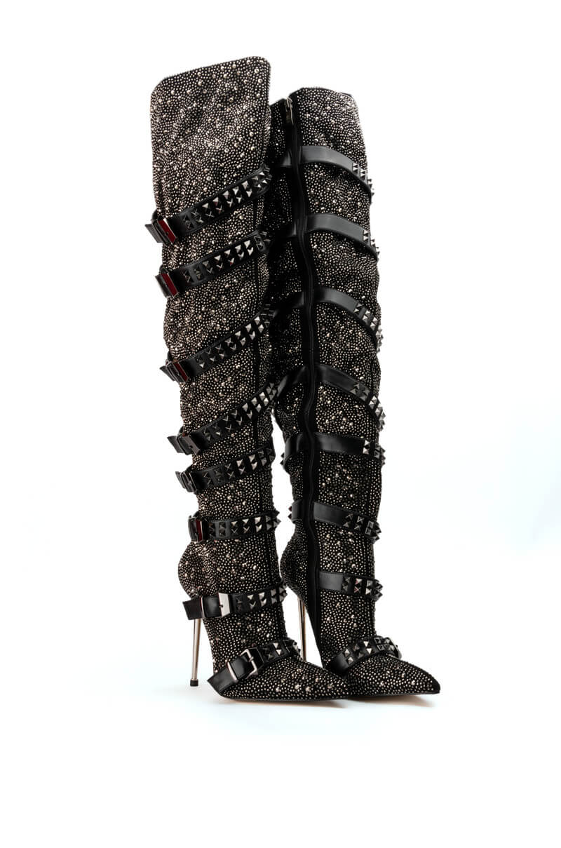 AZALEA WANG SUPERIOR THIGH HIGH RHINESTONE SPIKE STILETTO BOOT