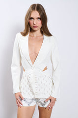 BACK CUT RHINESTONE BLAZER IN WHITE