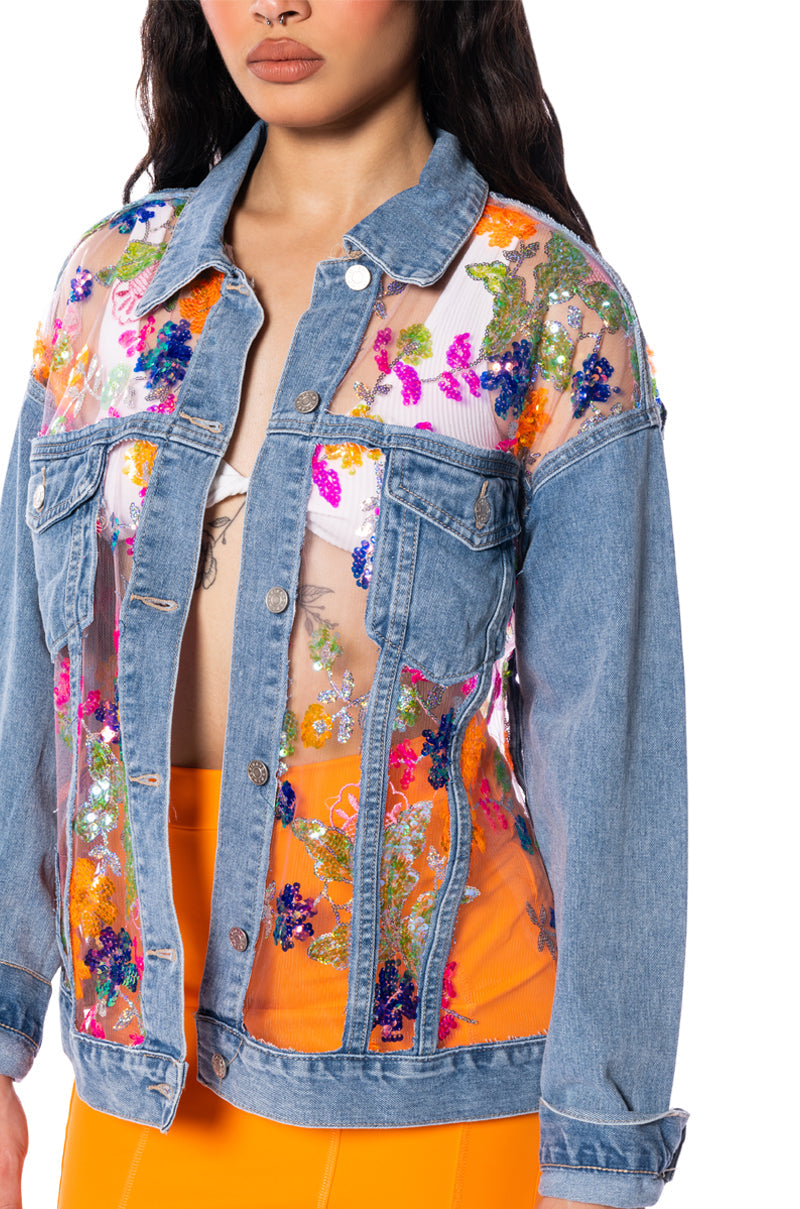 MERCER FLORAL SHEER DENIM JACKET