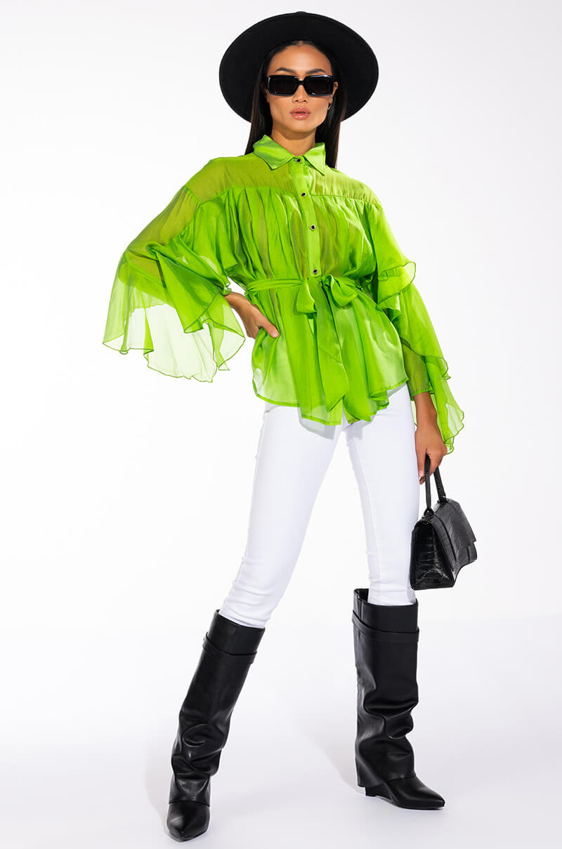 CALL THE SHOTS LONG SLEEVE RUFFLE BUTTON DOWN BLOUSE