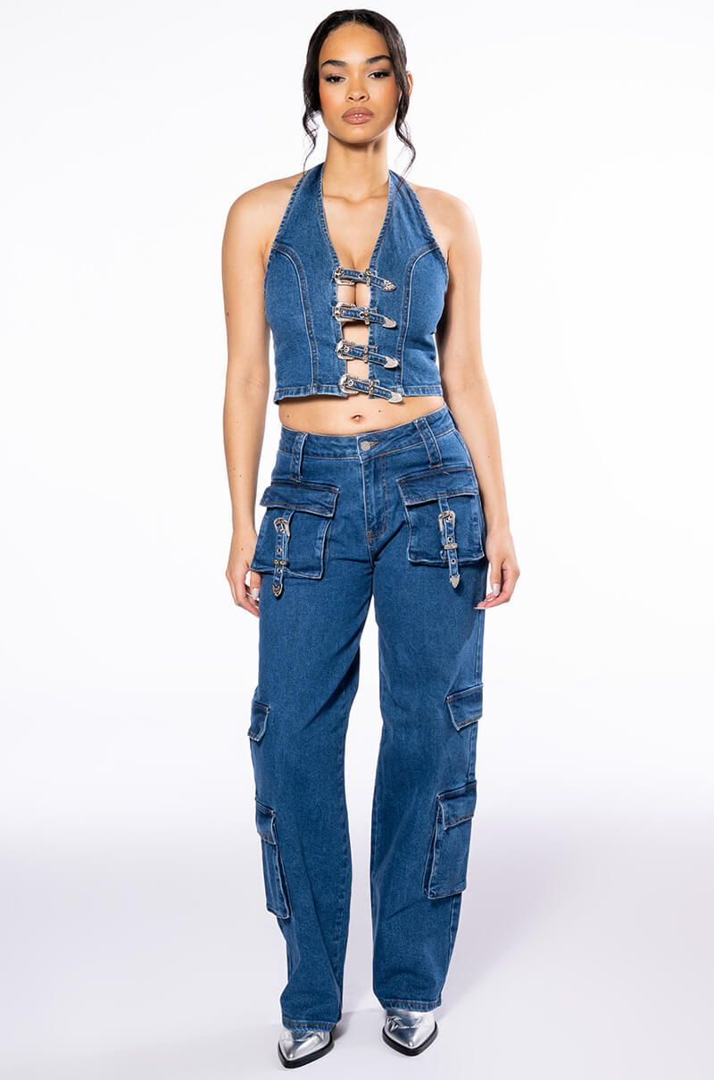 CALYPSO MID RISE WIDE LEG JEANS