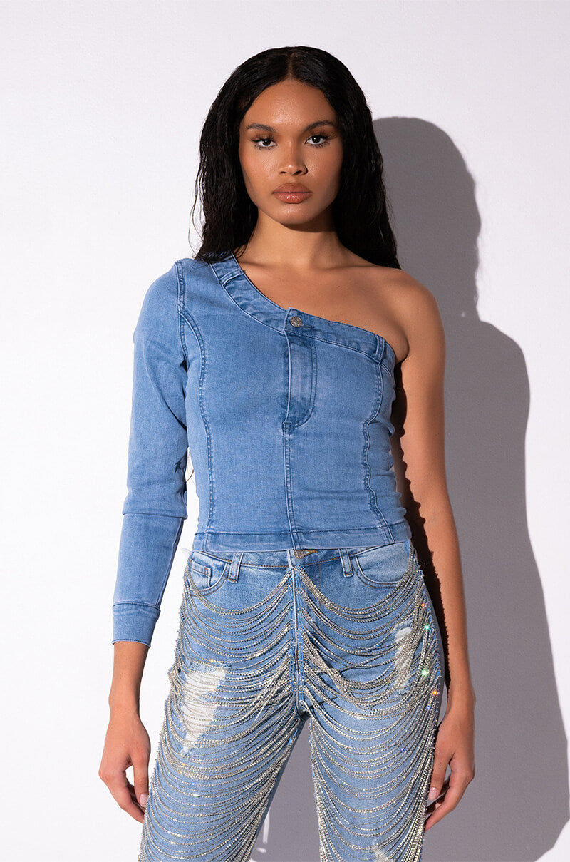 CAN'T DENY ONE SLEEVE DENIM TOP