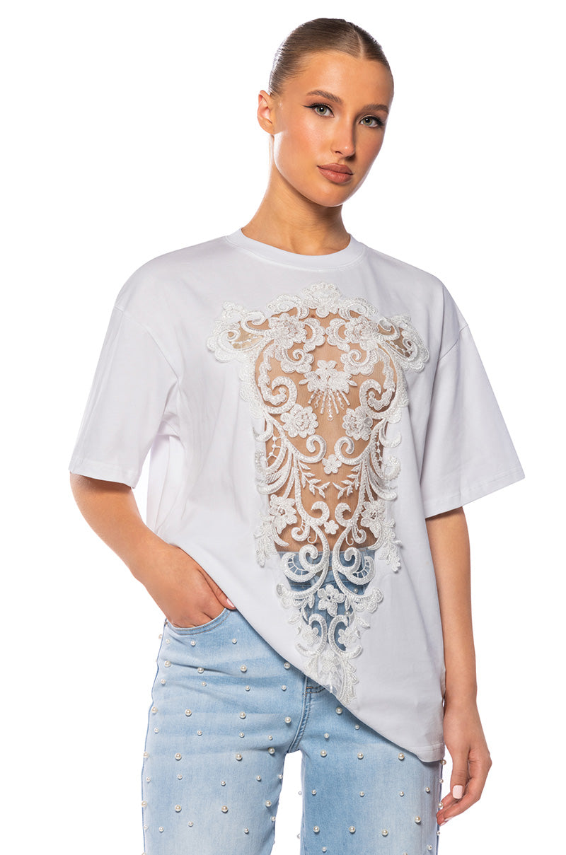 CARA SHEER LACE DETAILED T SHIRT IN WHITE