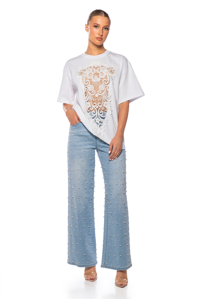 CARA SHEER LACE DETAILED T SHIRT IN WHITE
