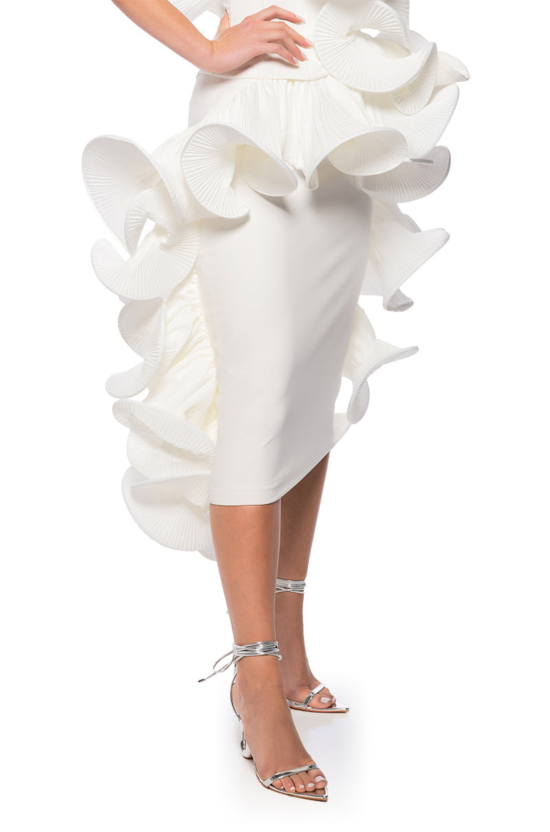 CASCADING RUFFLE MIDI SKIRT