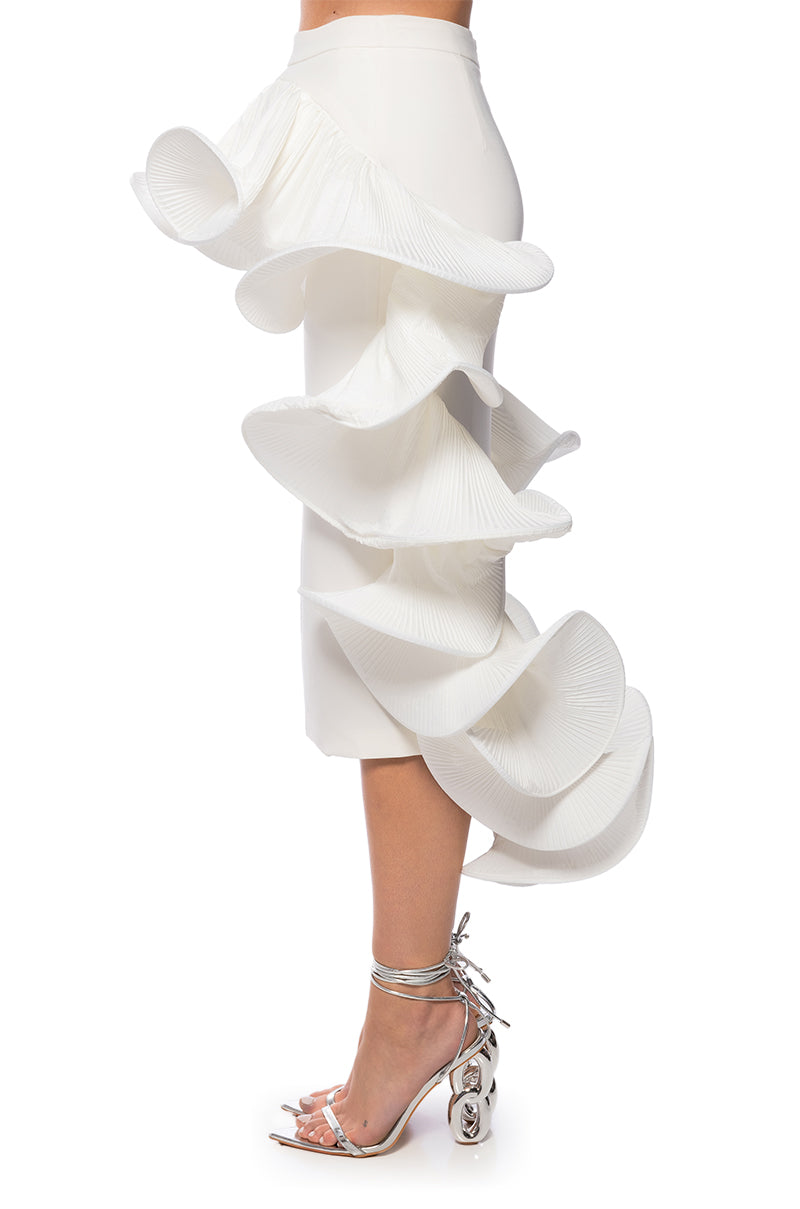 CASCADING RUFFLE MIDI SKIRT
