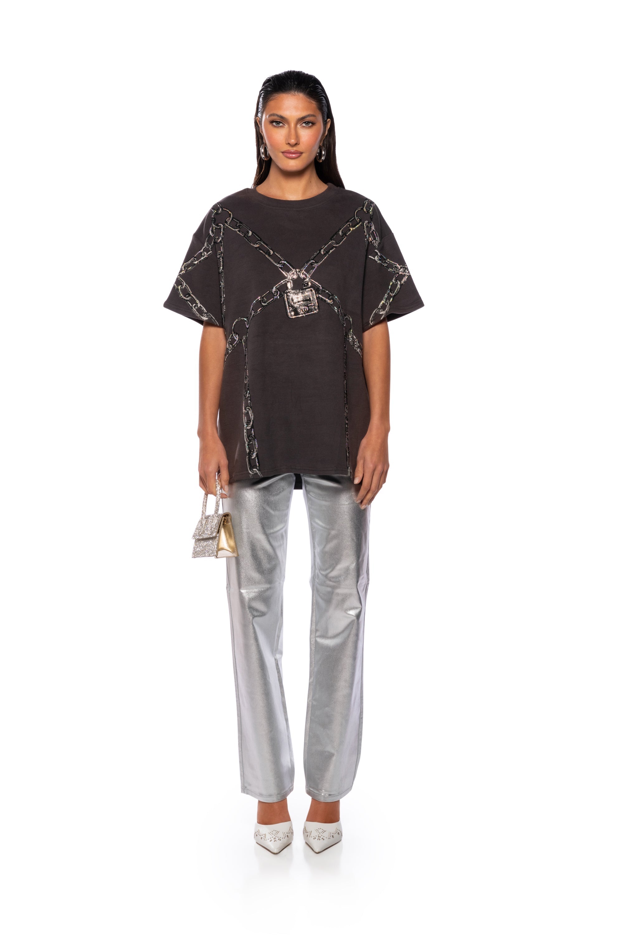 CHAIN DETAIL OVERSIZED TSHIRT IN GREY