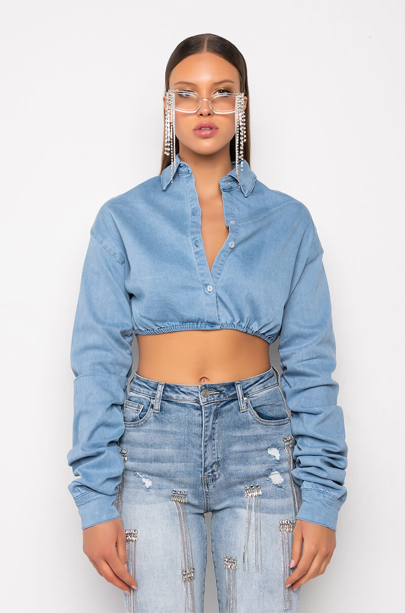NORA CHAMBRAY BUTTON DOWN CROP TOP
