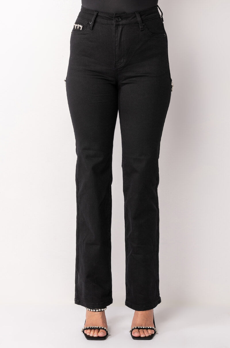 RAVENNA RHINESTONE PEEKABOOTY FLARED JEANS