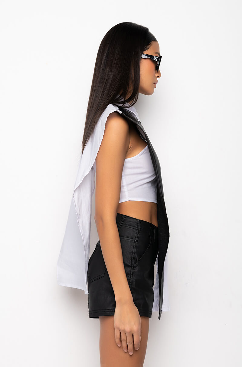 IVANA FAUX LEATHER PANEL BUTTON DOWN SLEEVELESS BLOUSE