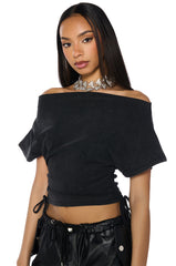 CRAZY IN LOVE SHORT SLEEVE OFF THE SHOULDER TSHIRT IN DARK GREY