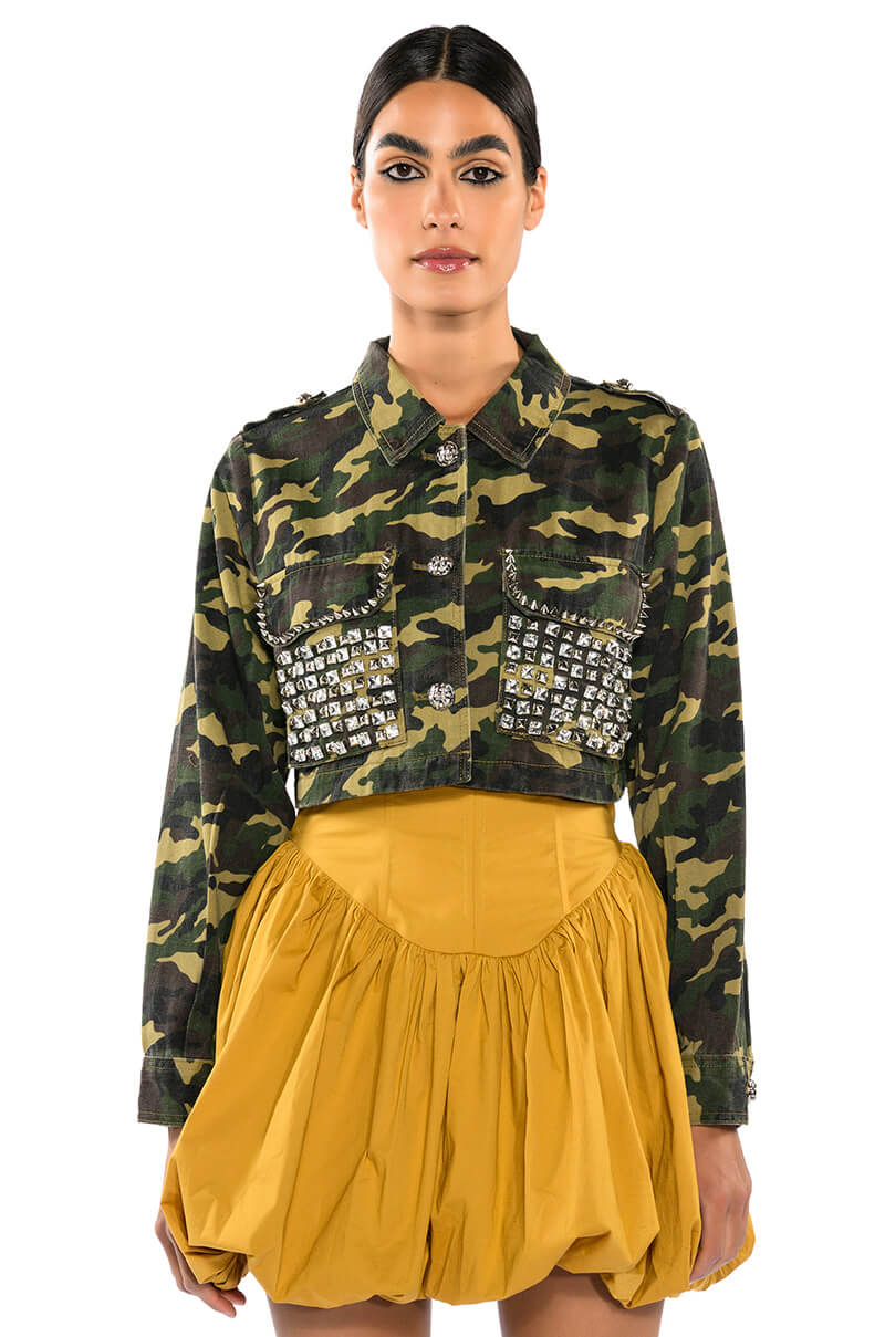 CROP CAMO BOMBER JACKET WITH STUDS