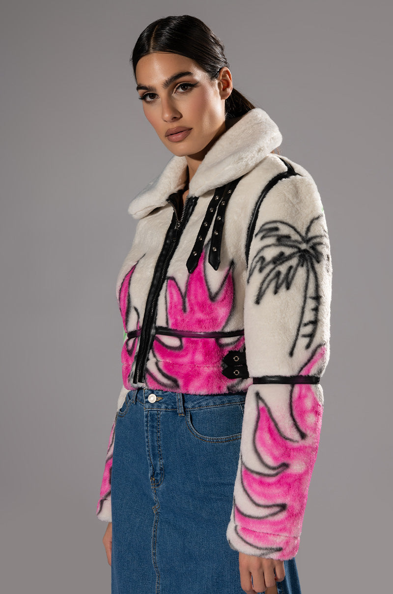 CRUSHING IT GRAFITI CROPPED SHERPA JACKET