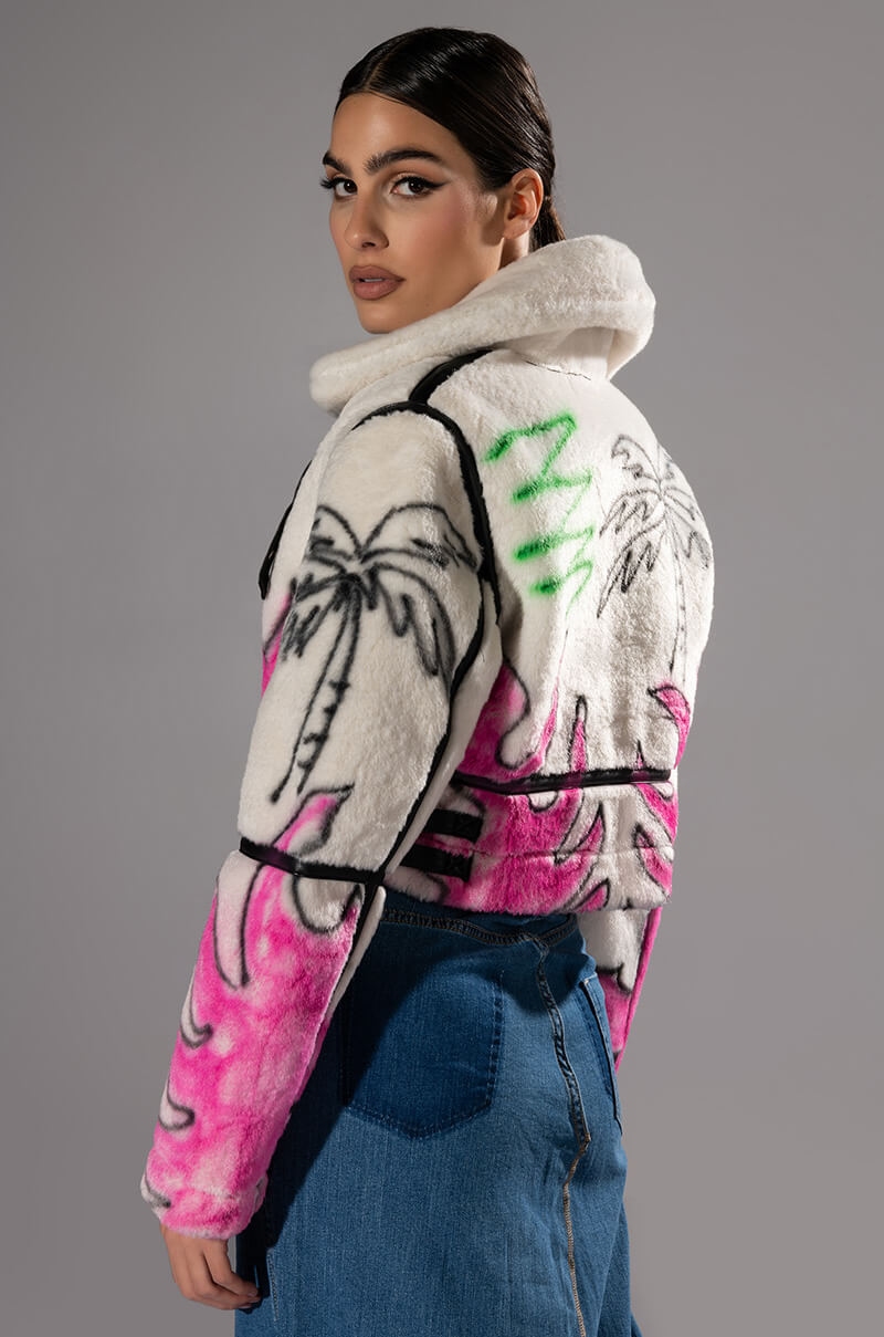 CRUSHING IT GRAFITI CROPPED SHERPA JACKET