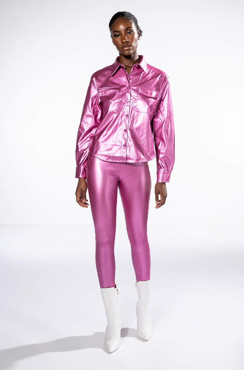 DAYTIME DISCO METALLIC FAUX LEATHER BUTTON DOWN