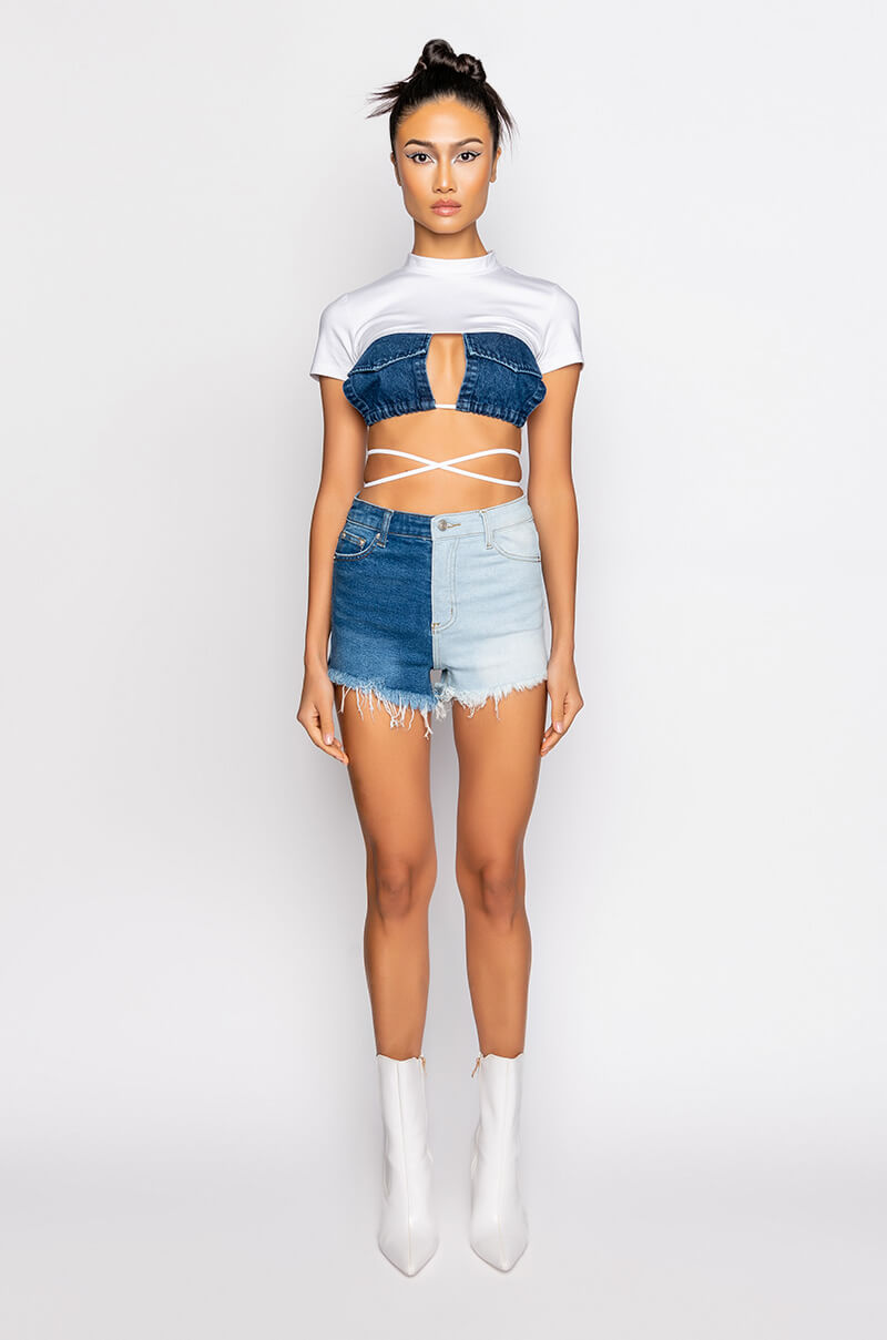 DEPENDS ON MY MOOD TWO TONE HIGH RISE FRAYED JEAN SHORTS