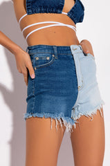 DEPENDS ON MY MOOD TWO TONE HIGH RISE FRAYED JEAN SHORTS