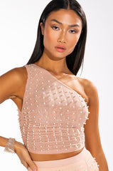 DIONNE EMBELLISHED ONE SHOULDER MESH CROP TOP