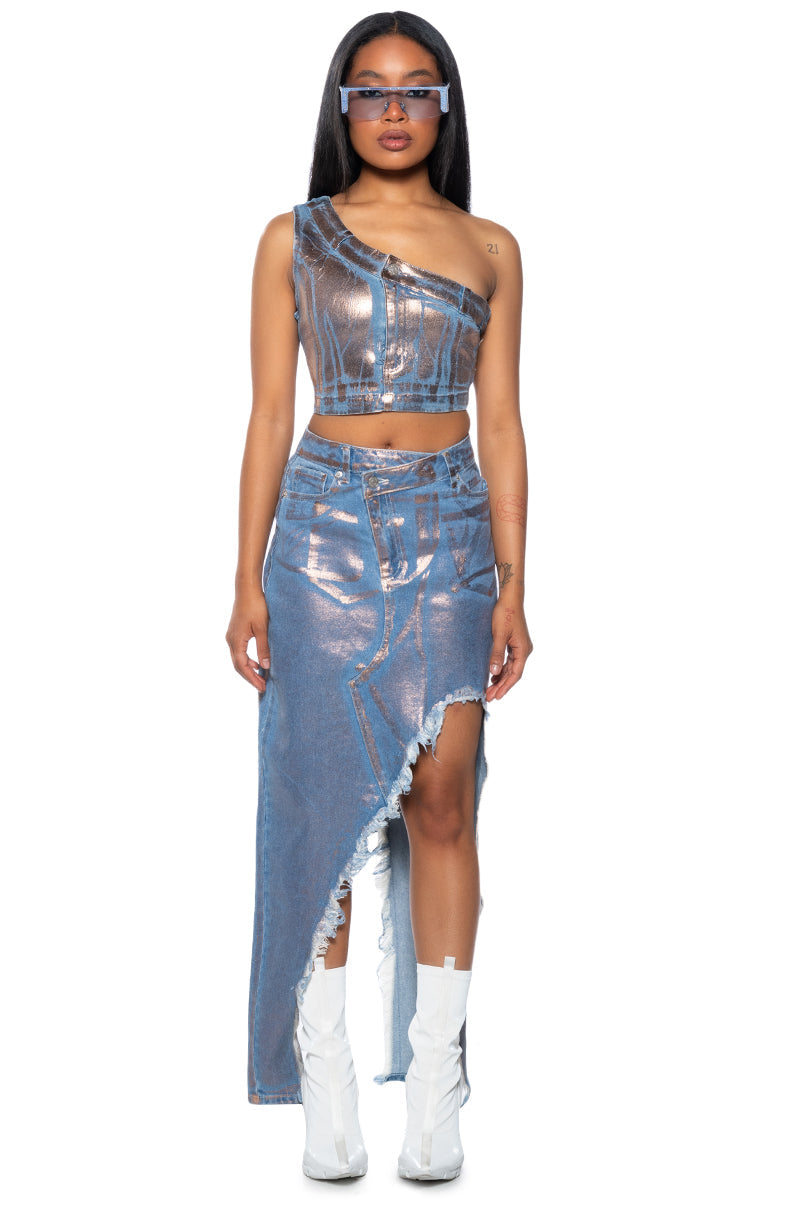 DIVINE TIMING CUT OUT METALLIC DENIM SKIRT