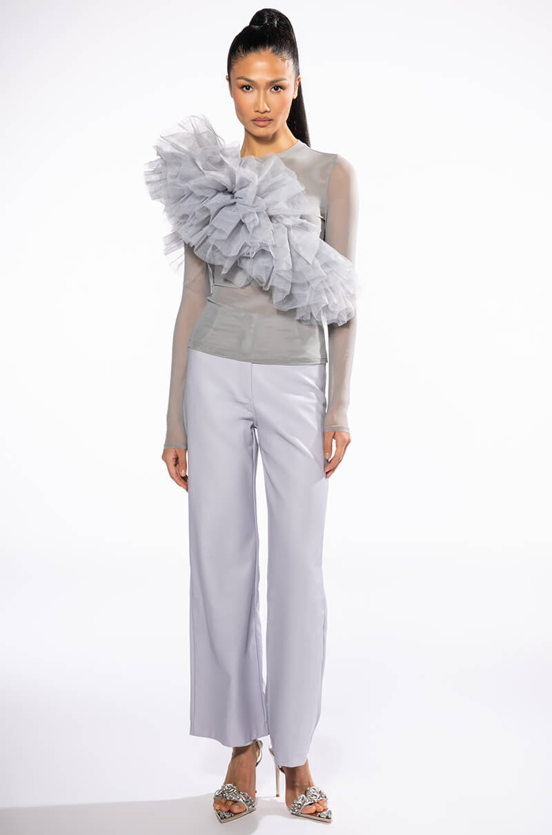 DRAMATIC RUFFLE DETAIL MESH LONG SLEEVE TOP