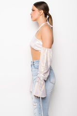 DREAMY WRAP FRONT STATEMENT SLEEVE CROP TOP