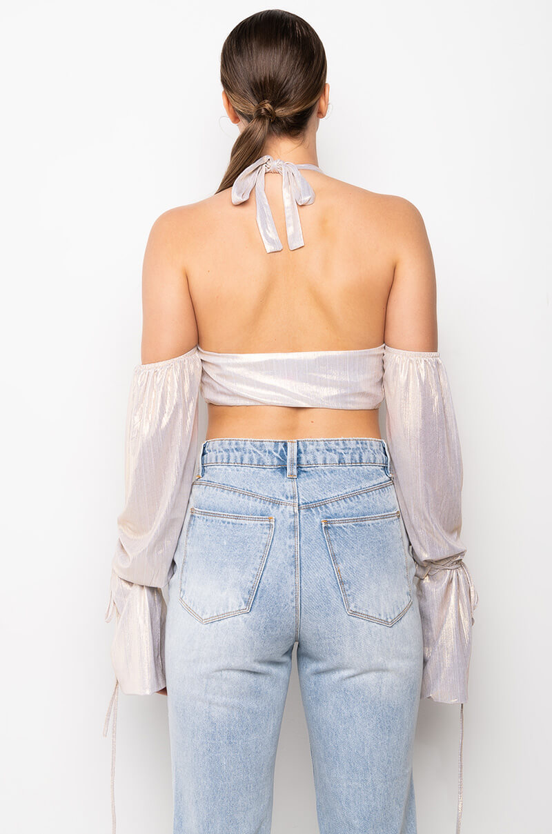 DREAMY WRAP FRONT STATEMENT SLEEVE CROP TOP