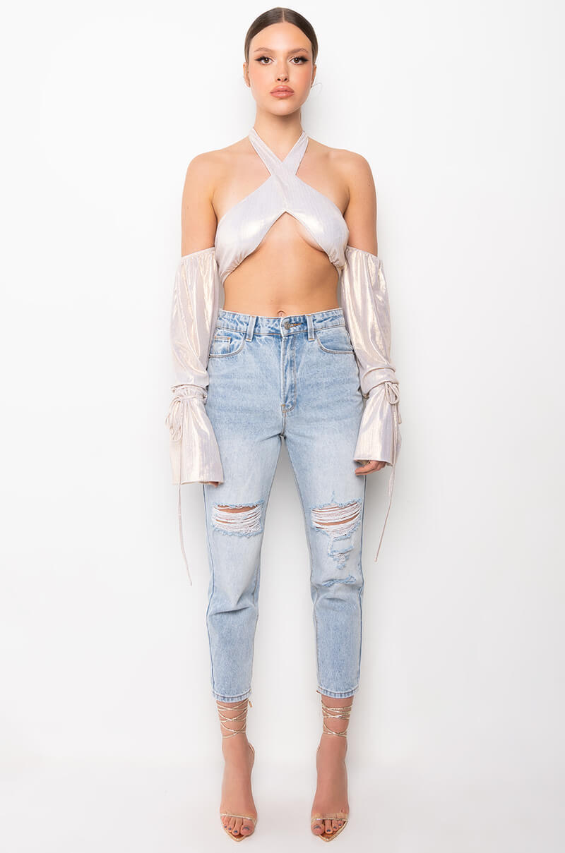 DREAMY WRAP FRONT STATEMENT SLEEVE CROP TOP