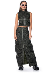 ELISIA DISTRESSED FAUX LEATHER CARGO MAXI SKIRT