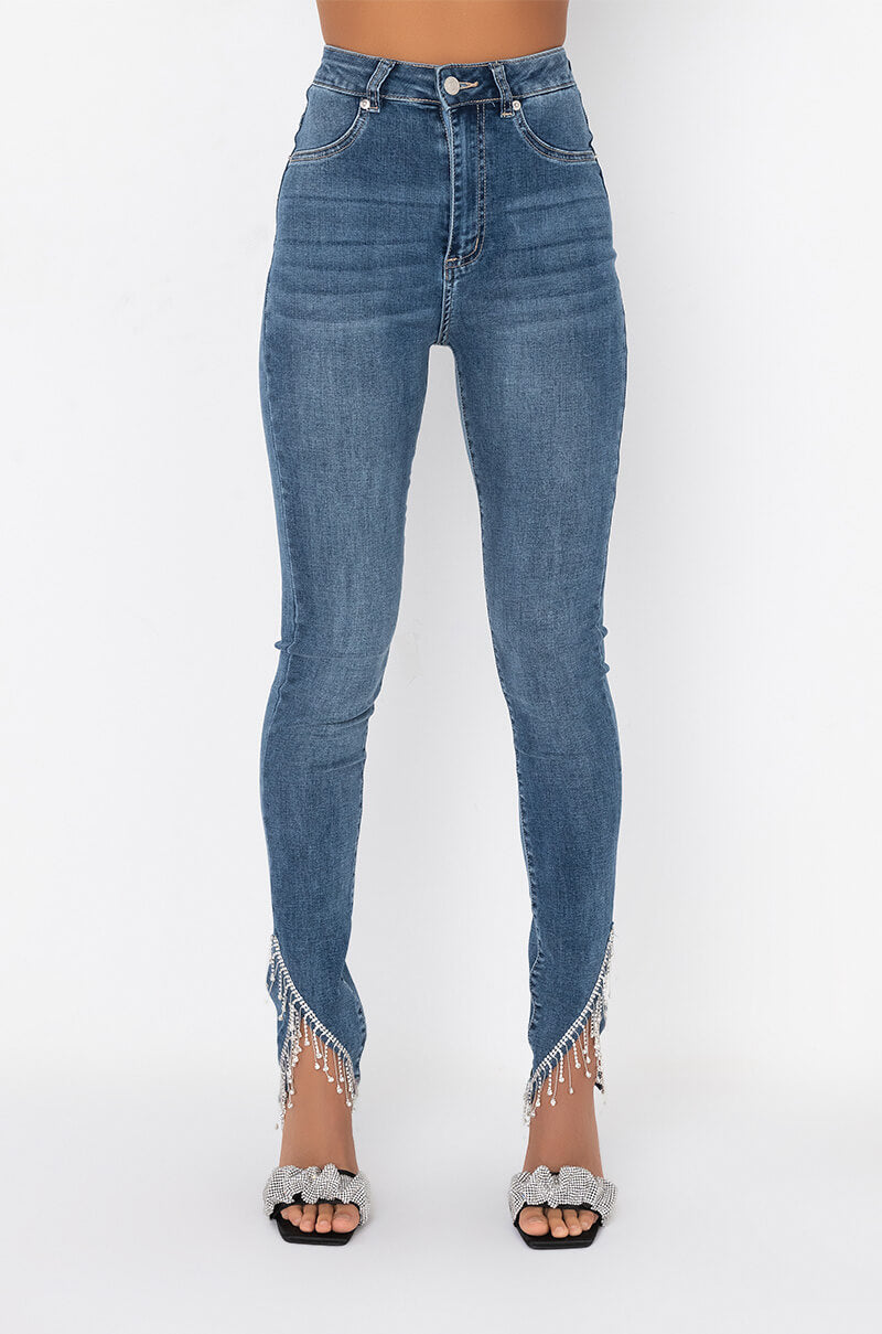 EXTREME STRETCH HIGH RISE SKINNY JEANS RHINESTONE