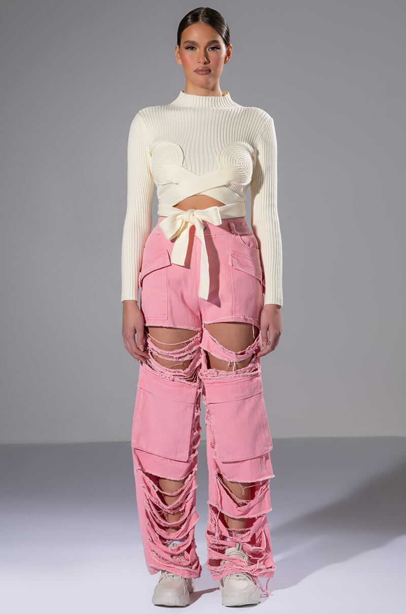 EYES UP HERE WRAP DETAIL LONG SLEEVE SWEATER