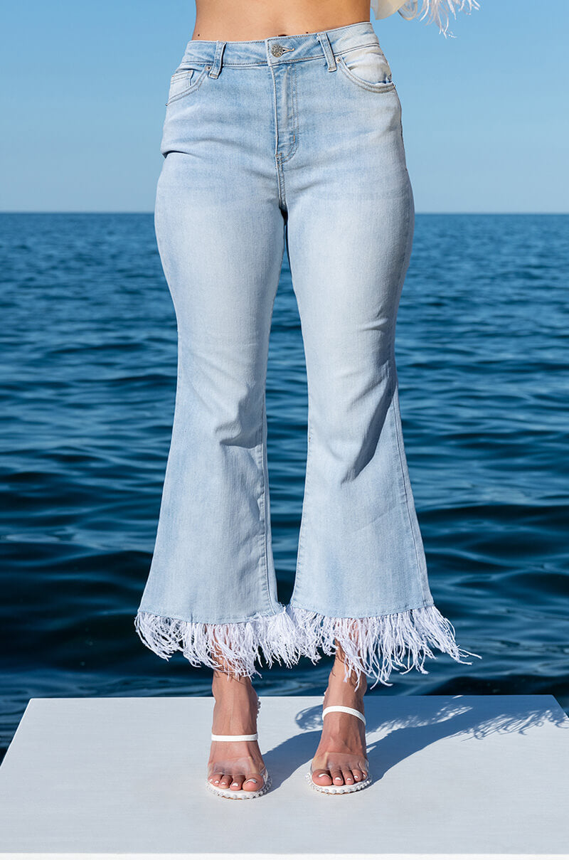 FEATHERS ALL OVER CROP HIGH WAIST JEANS